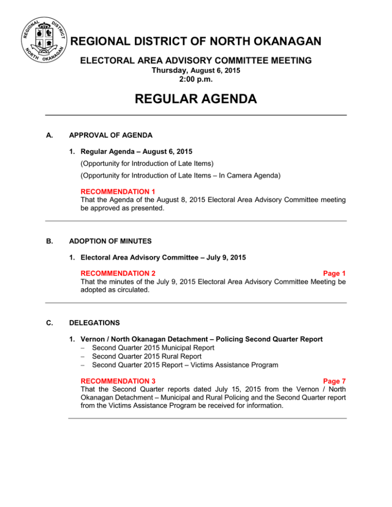 REGULAR AGENDA REGIONAL DISTRICT OF NORTH OKANAGAN ELECTORAL AREA ADVISORY COMMITTEE MEETING Thursday, REGULAR AGENDA REGIONAL DISTRICT OF NORTH OKANAGAN ELECTORAL AREA ADVISORY COMMITTEE MEETING Thursday,