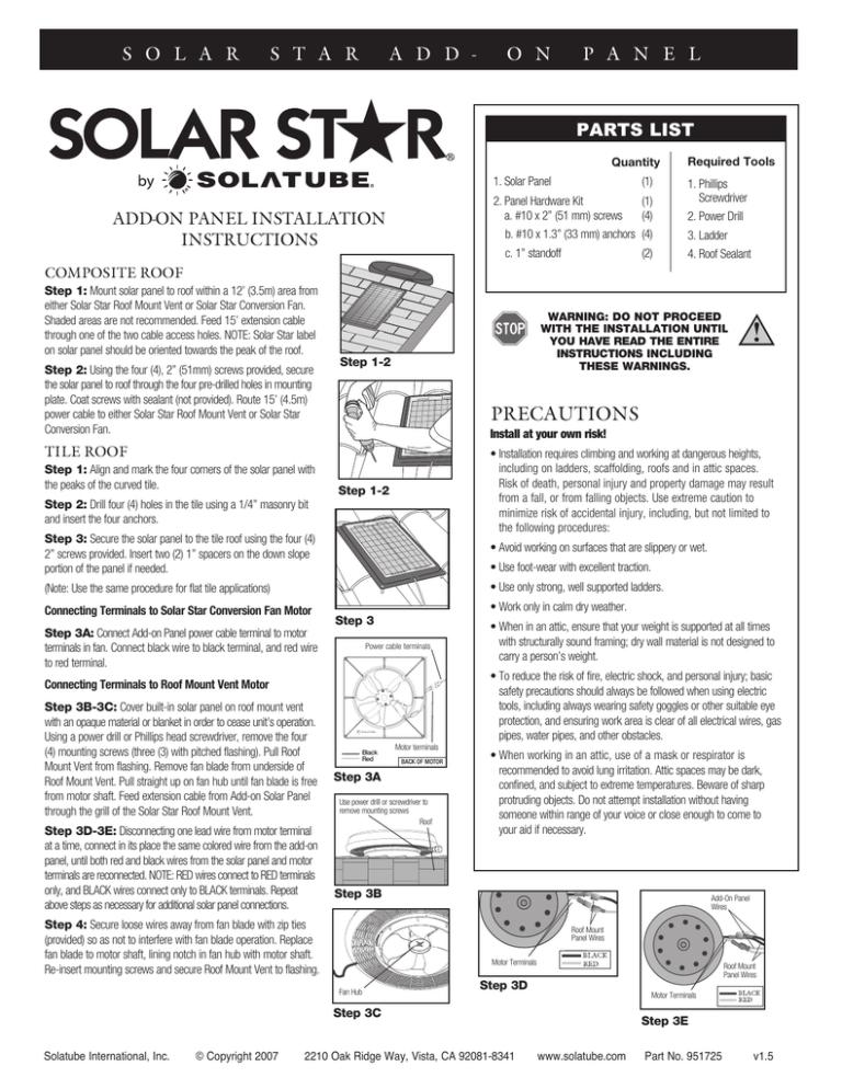 S o l a r S t a... aDD-oN PaNEl INStallatIoN INStrUCtIoNS CoMPoSItE rooF S o l a r S t a... aDD-oN PaNEl INStallatIoN INStrUCtIoNS CoMPoSItE rooF