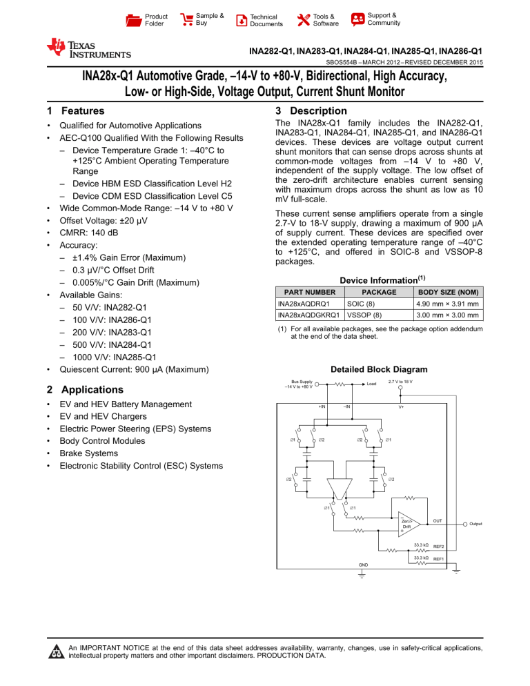 INA28x-Q1 Automotive Grade, –14-V to +80-V, Bidirectional, High Accuracy, INA28x-Q1 Automotive Grade, –14-V to +80-V, Bidirectional, High Accuracy,