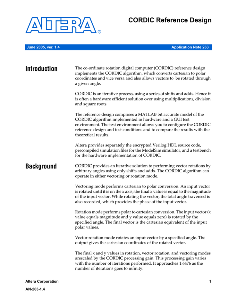 Introduction CORDIC Reference Design Introduction CORDIC Reference Design