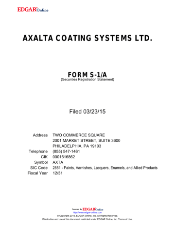AXALTA COATING SYSTEMS LTD. FORM S-1/A Filed 03/23/15 AXALTA COATING SYSTEMS LTD. FORM S-1/A Filed 03/23/15