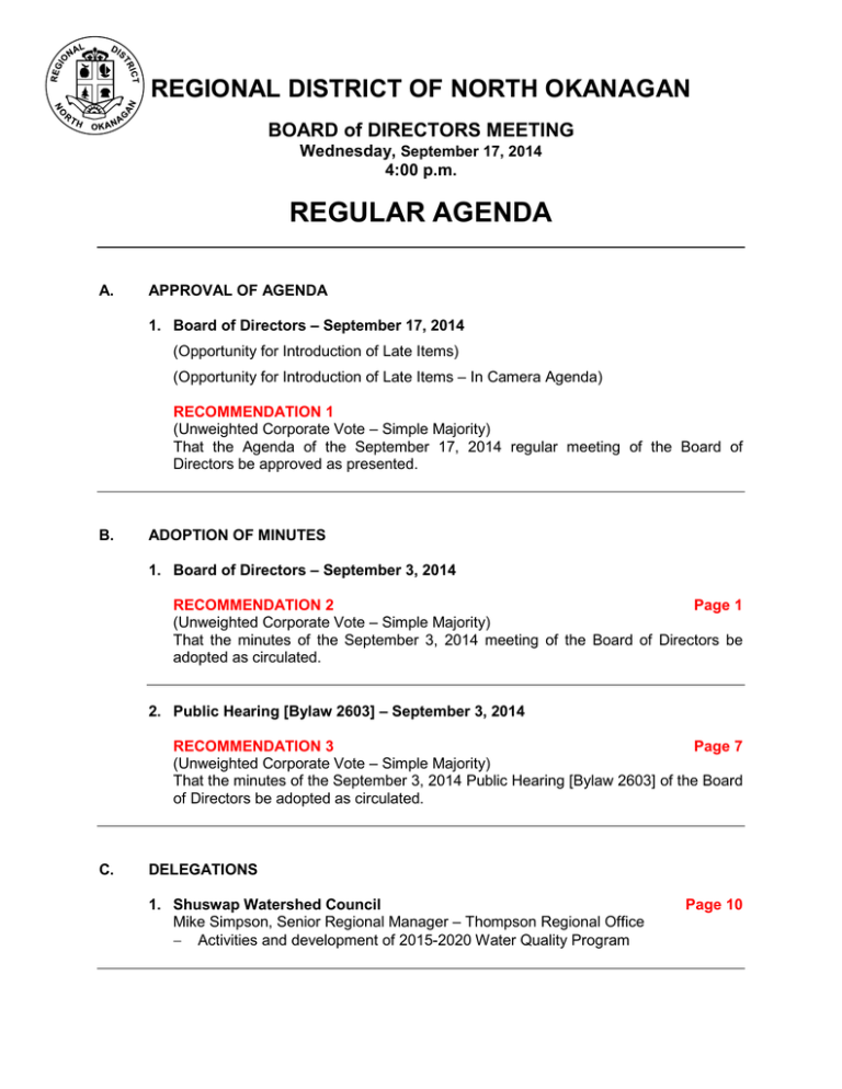 REGULAR AGENDA REGIONAL DISTRICT OF NORTH OKANAGAN BOARD of DIRECTORS MEETING Wednesday, REGULAR AGENDA REGIONAL DISTRICT OF NORTH OKANAGAN BOARD of DIRECTORS MEETING Wednesday,
