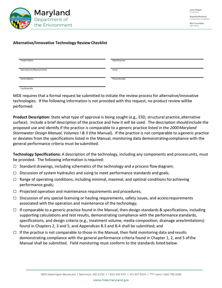 MDE's Alternative/Innovative Technology Review Checklist (July 2014) MDE's Alternative/Innovative Technology Review Checklist (July 2014)