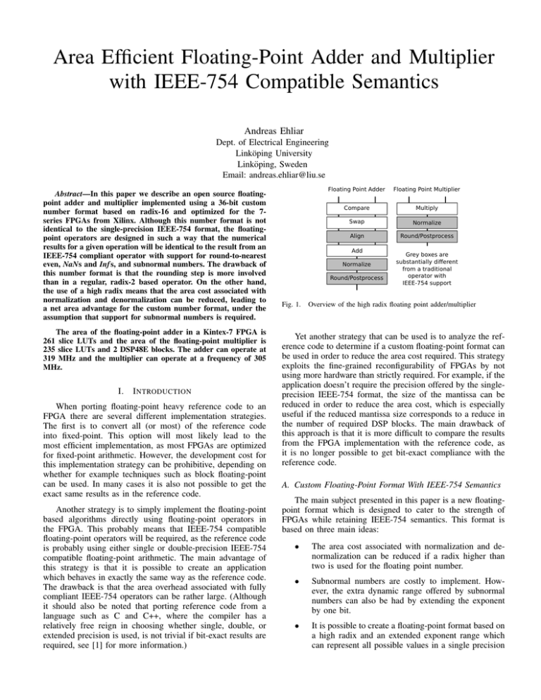 Area Efficient Floating-Point Adder and Multiplier with IEEE-754 Compatible Semantics Andreas Ehliar Area Efficient Floating-Point Adder and Multiplier with IEEE-754 Compatible Semantics Andreas Ehliar
