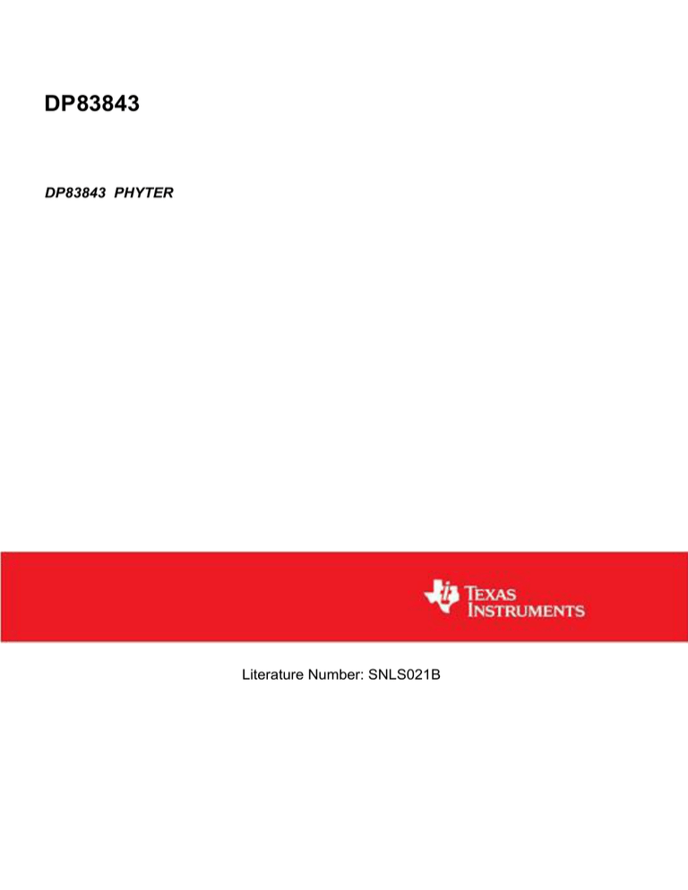 Texas Instruments DP83843 PHYTER (Rev. B) Datasheet Texas Instruments DP83843 PHYTER (Rev. B) Datasheet