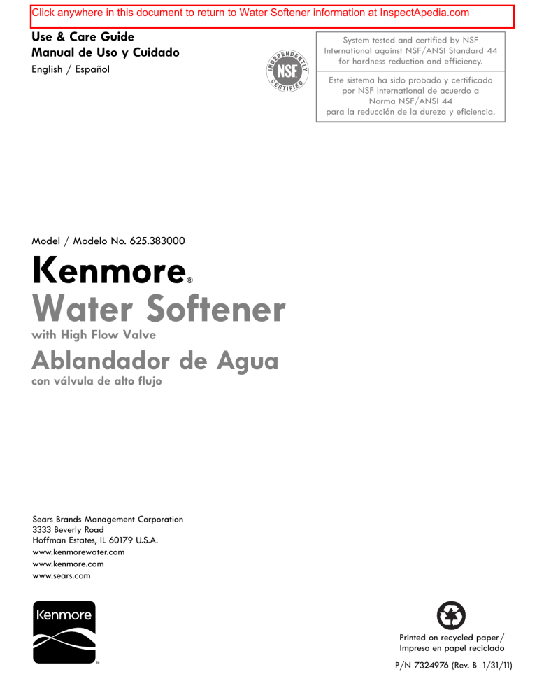 Kenmore Water Softener Use Care Guide Kenmore Water Softener Use Care Guide