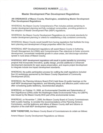 Amend the Mason County Development Regulations and Establishing Master Development Plan Development Regulations Amend the Mason County Development Regulations and Establishing Master Development Plan Development Regulations