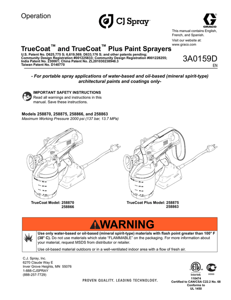 Graco TrueCoat and Truecoat Plus Operation, Repair Parts Manual Graco TrueCoat and Truecoat Plus Operation, Repair Parts Manual