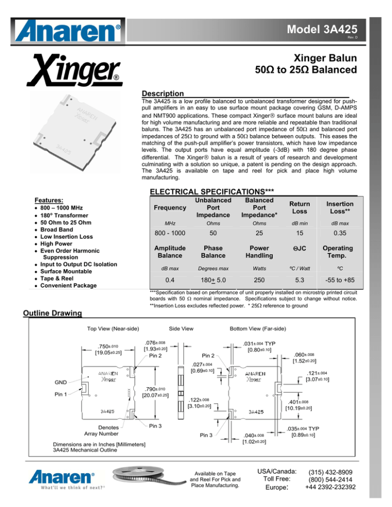 datasheet for 3A425 by Anaren datasheet for 3A425 by Anaren