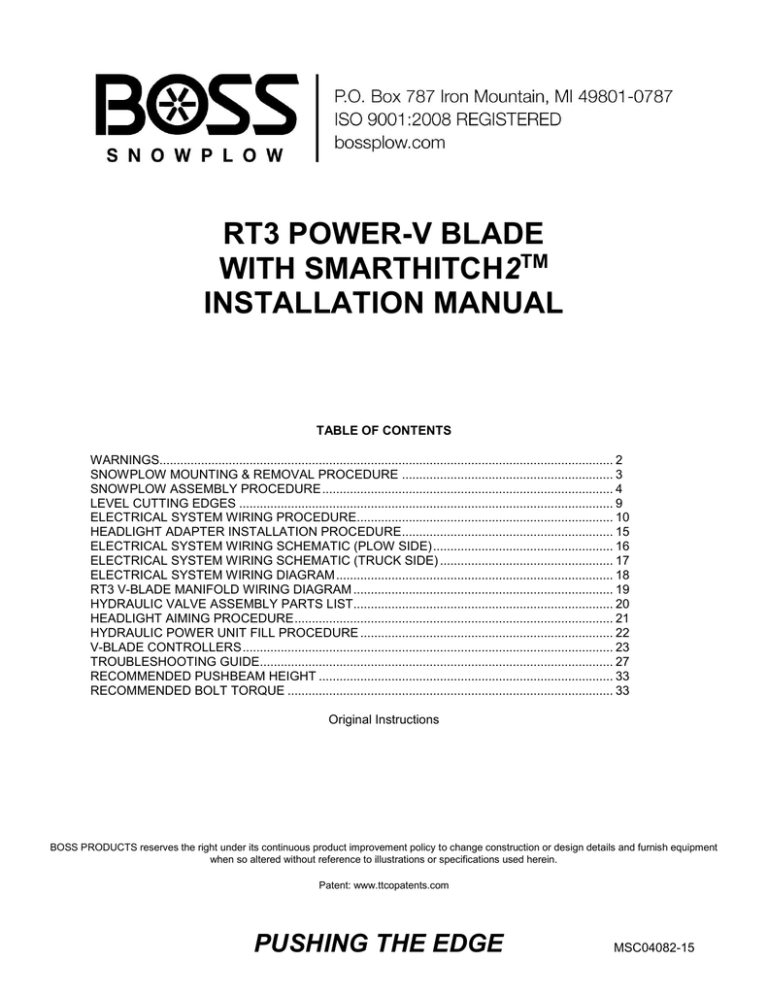 RT3 Power-V Blade w/SmartHitch2 Installation Manual (Serial # 103272 higher) RT3 Power-V Blade w/SmartHitch2 Installation Manual (Serial # 103272 higher)