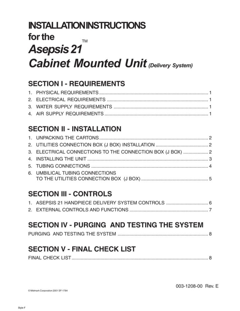 Midmark Asepsis 21® Systems Installation guide Midmark Asepsis 21® Systems Installation guide