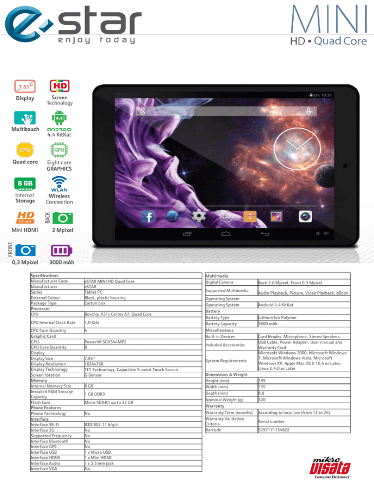 eSTAR MINI HD Quad Core techniniai duomenys eSTAR MINI HD Quad Core techniniai duomenys