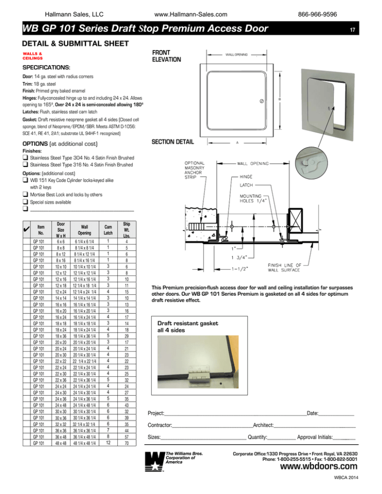 WB GP 101 Series Draft Stop Premium Access Door FRONT ELEVATION WB GP 101 Series Draft Stop Premium Access Door FRONT ELEVATION
