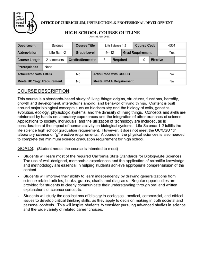 HIGH SCHOOL COURSE OUTLINE OFFICE OF CURRICULUM, INSTRUCTION, & PROFESSIONAL DEVELOPMENT HIGH SCHOOL COURSE OUTLINE OFFICE OF CURRICULUM, INSTRUCTION, & PROFESSIONAL DEVELOPMENT