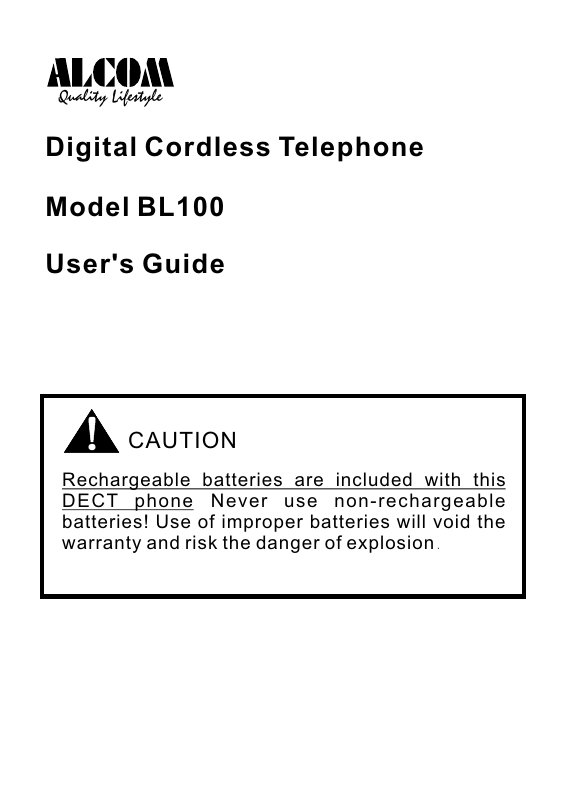 Digital Cordless Telephone Model BL100 User's Guide Digital Cordless Telephone Model BL100 User's Guide