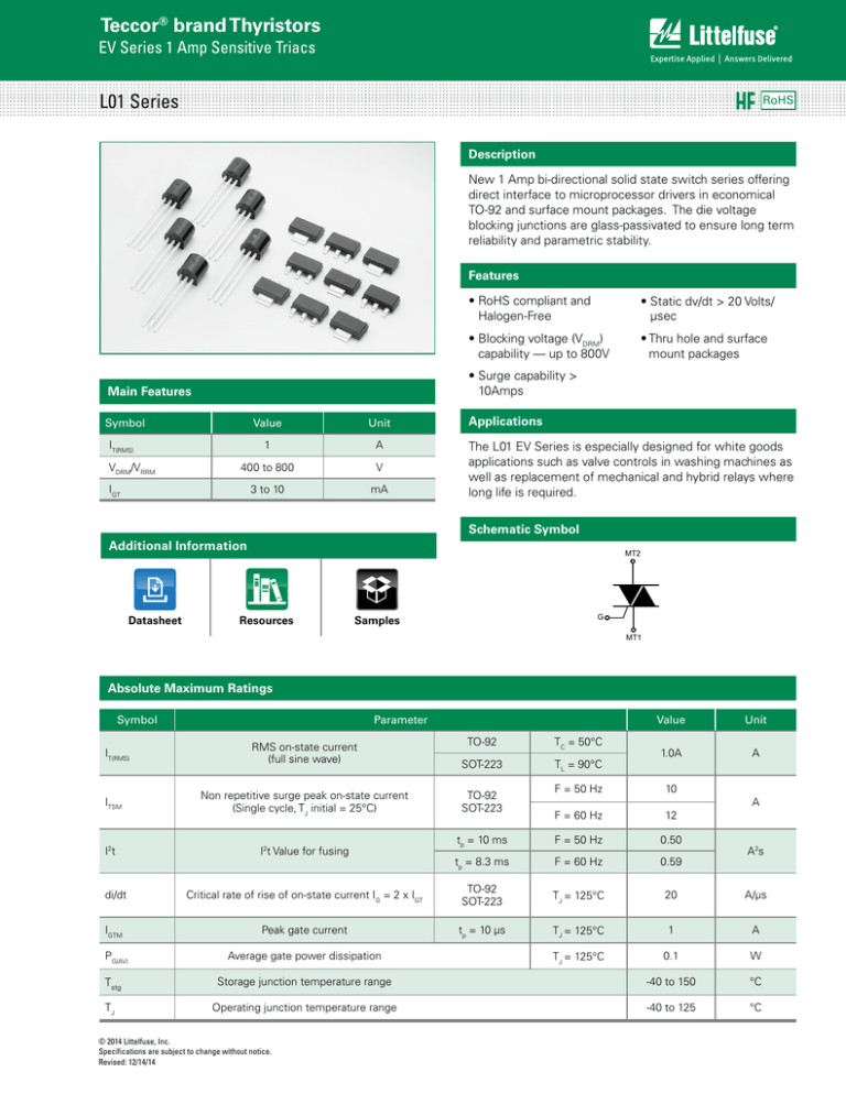 Switching Thyristors L01 Series Datasheet Switching Thyristors L01 Series Datasheet