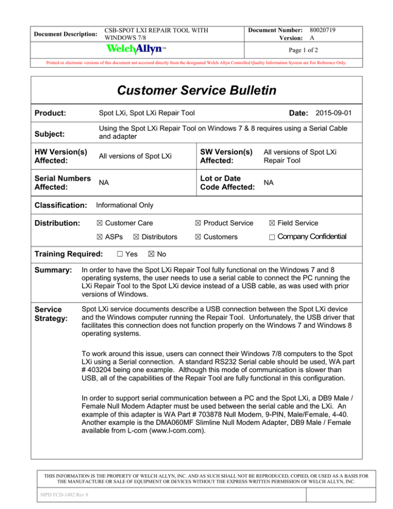 Spot LXI Repair Tool use with Windows 7 & 8, Customer Service Bulletin Spot LXI Repair Tool use with Windows 7 & 8, Customer Service Bulletin