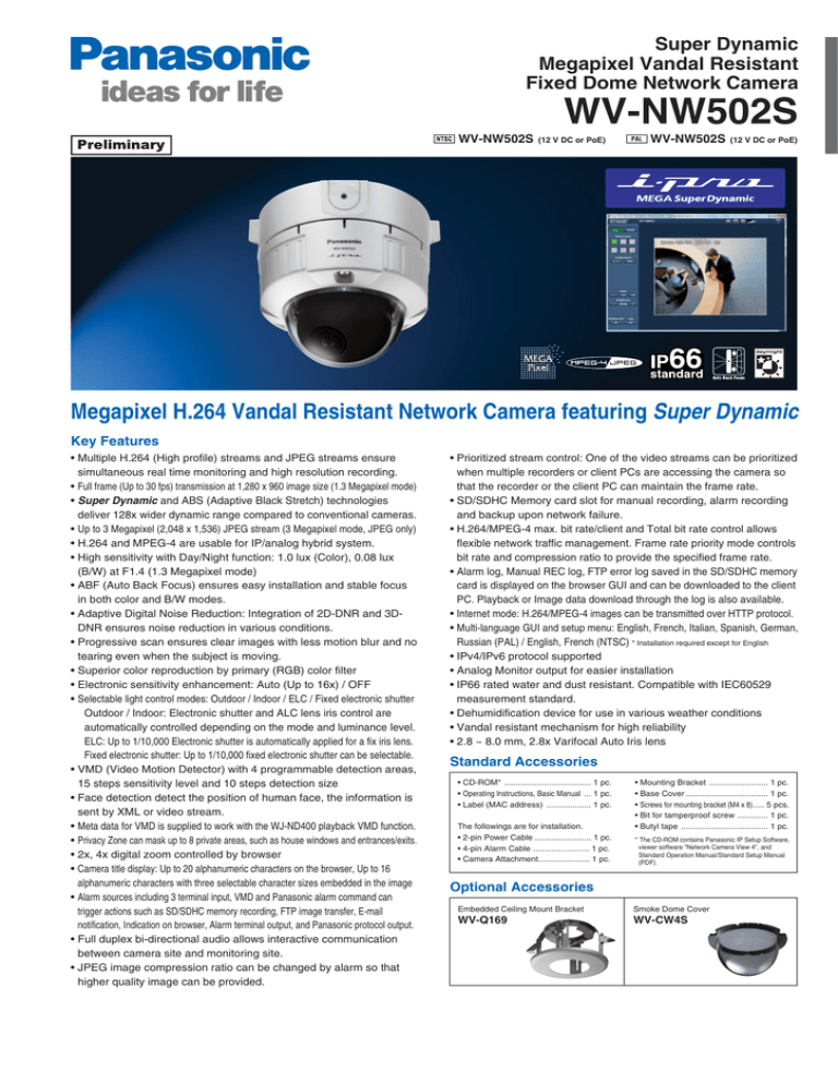 WV-NW502S Megapixel H.264 Vandal Resistant Network Camera featuring Super Dynamic Megapixel Vandal Resistant WV-NW502S Megapixel H.264 Vandal Resistant Network Camera featuring Super Dynamic Megapixel Vandal Resistant