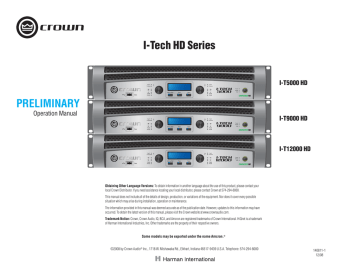 Crown Audio I-T12000 HD Stereo Amplifier Operation Manual | Manualzz