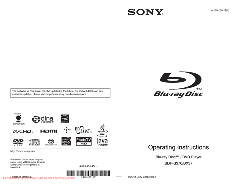 Sony BDP-BX37 User Guide Manual Operating Instruction Pdf Sony BDP-BX37 User Guide Manual Operating Instruction Pdf