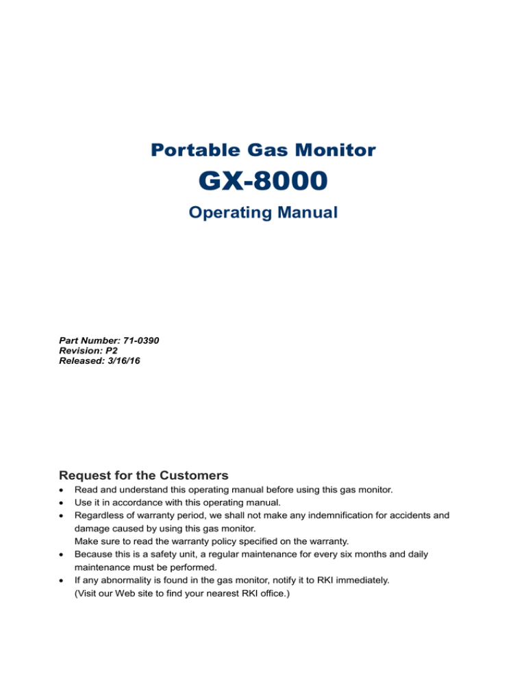 RKI Instruments GX-8000 Portable Gas Monitor User manual RKI Instruments GX-8000 Portable Gas Monitor User manual