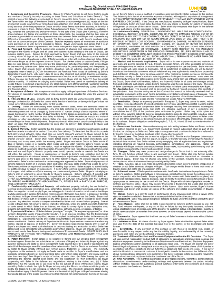 Terms and Conditions of Sale Beneq Oy Terms and Conditions of Sale Beneq Oy