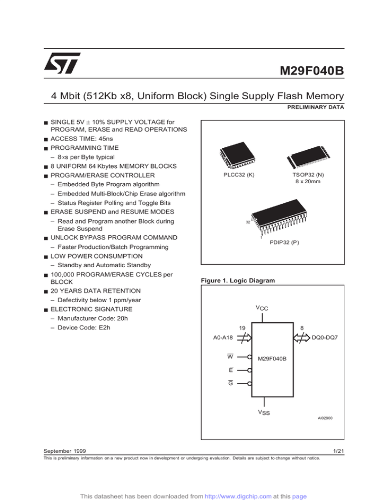 M29F040B 4 Mbit (512Kb x8, Uniform Block) Single Supply Flash Memory M29F040B 4 Mbit (512Kb x8, Uniform Block) Single Supply Flash Memory