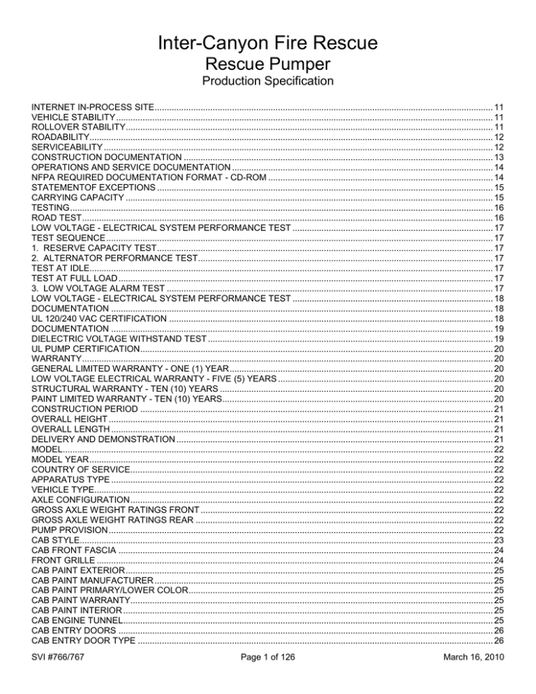 Inter-Canyon Fire Rescue Rescue Pumper Production Specification Inter-Canyon Fire Rescue Rescue Pumper Production Specification