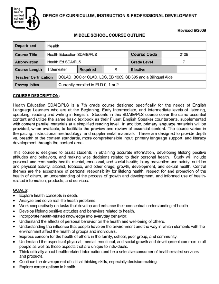 OFFICE OF CURRICULUM, INSTRUCTION & PROFESSIONAL DEVELOPMENT Course Code Health OFFICE OF CURRICULUM, INSTRUCTION & PROFESSIONAL DEVELOPMENT Course Code Health