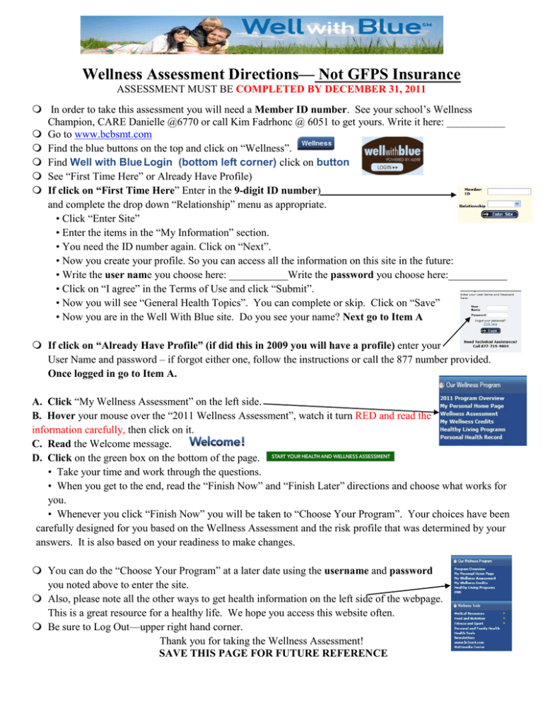 Wellness Assessment Directions— Not GFPS Insurance Wellness Assessment Directions— Not GFPS Insurance