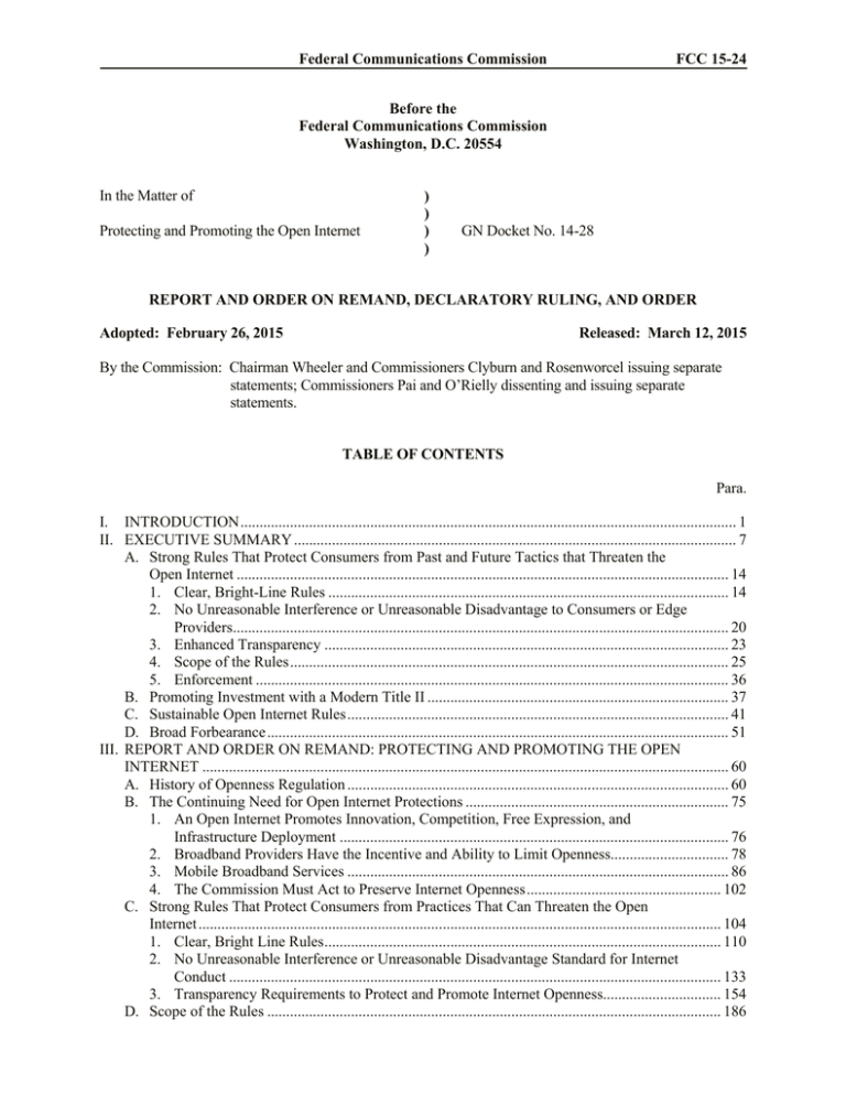 FCC-15-24A1 In the Matter of Protecting and Promoting the Open Internet (March 12, 2015) FCC-15-24A1 In the Matter of Protecting and Promoting the Open Internet (March 12, 2015)