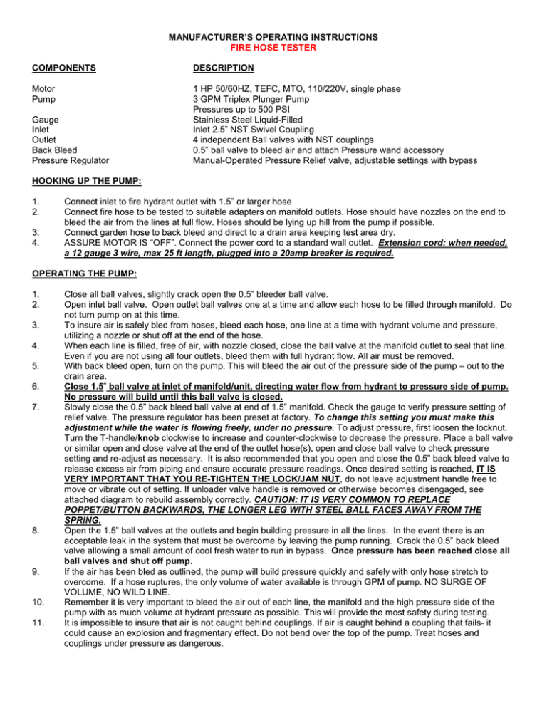 MANUFACTURER’S OPERATING INSTRUCTIONS COMPONENTS DESCRIPTION MANUFACTURER’S OPERATING INSTRUCTIONS COMPONENTS DESCRIPTION