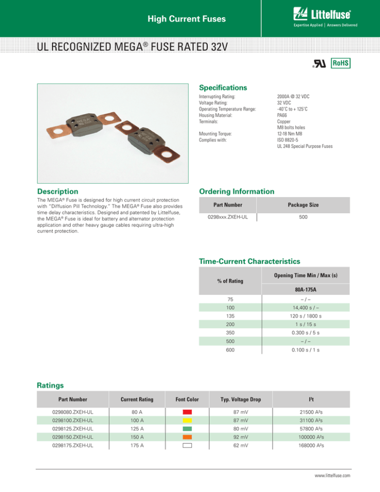 UL RECOGNIZED MEGA FUSE RATED 32V High Current Fuses Specifications UL RECOGNIZED MEGA FUSE RATED 32V High Current Fuses Specifications