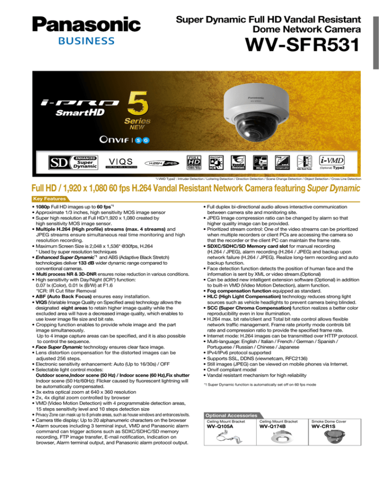 WV-SFR531 Super Dynamic Super Dynamic Full HD Vandal Resistant Dome Network Camera WV-SFR531 Super Dynamic Super Dynamic Full HD Vandal Resistant Dome Network Camera