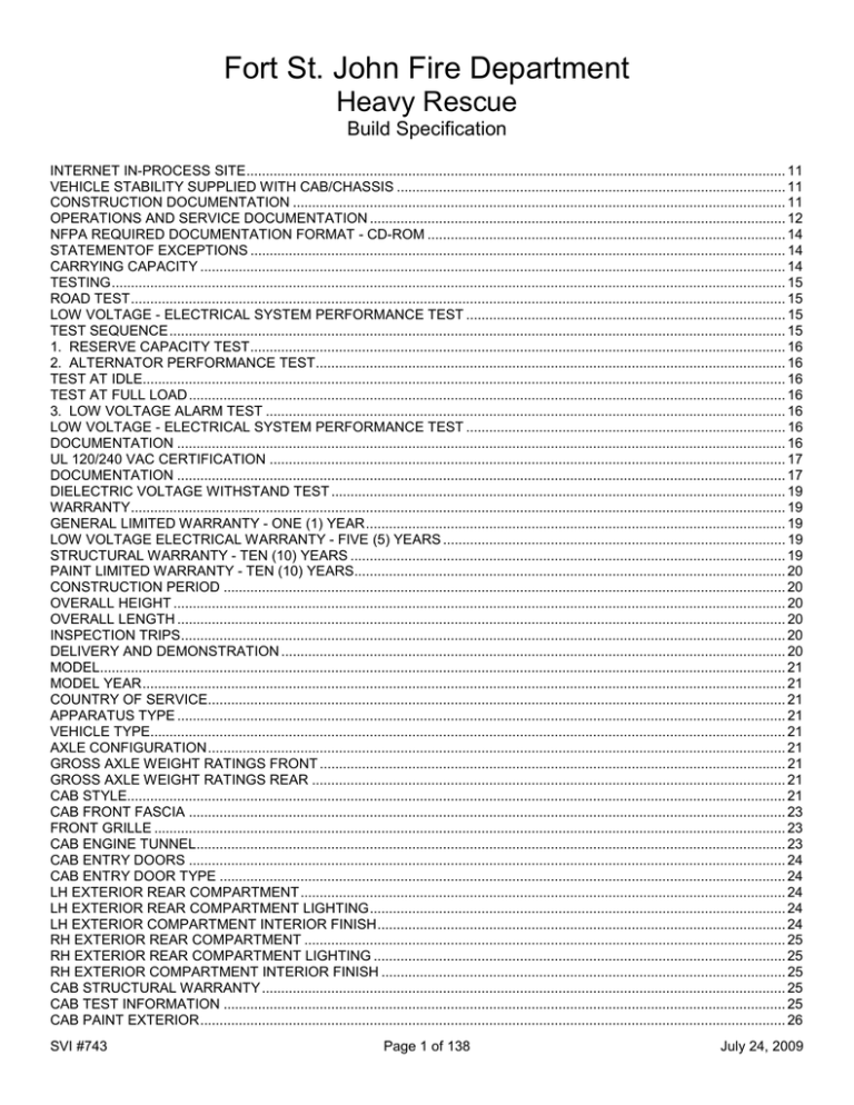 Fort St. John Fire Department Heavy Rescue Build Specification Fort St. John Fire Department Heavy Rescue Build Specification
