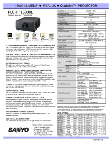 Sanyo Plc Hf L Lumens Specification Sheet Manualzz