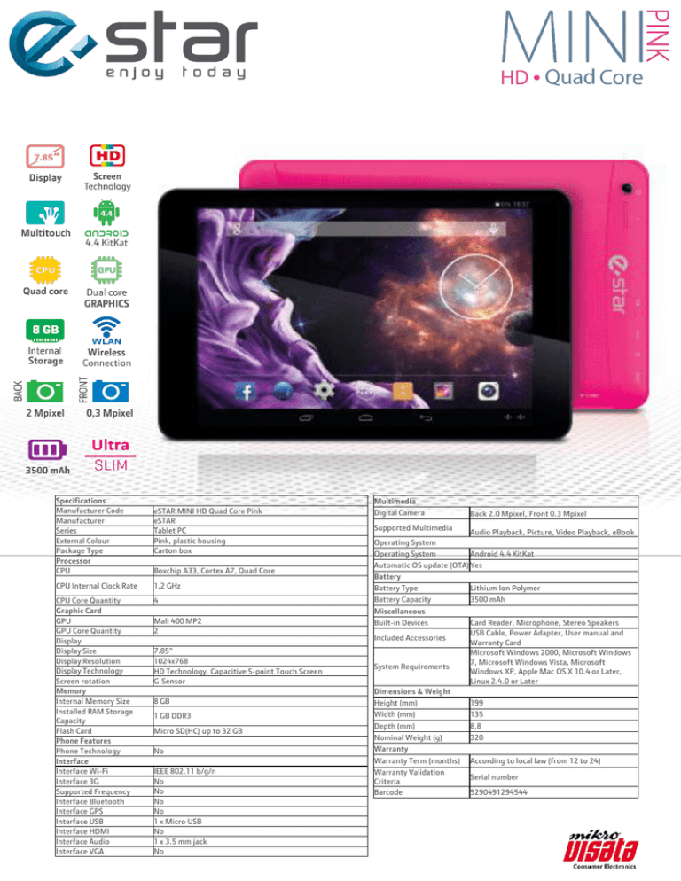 eSTAR MINI HD Quad Core Pink data sheet eSTAR MINI HD Quad Core Pink data sheet