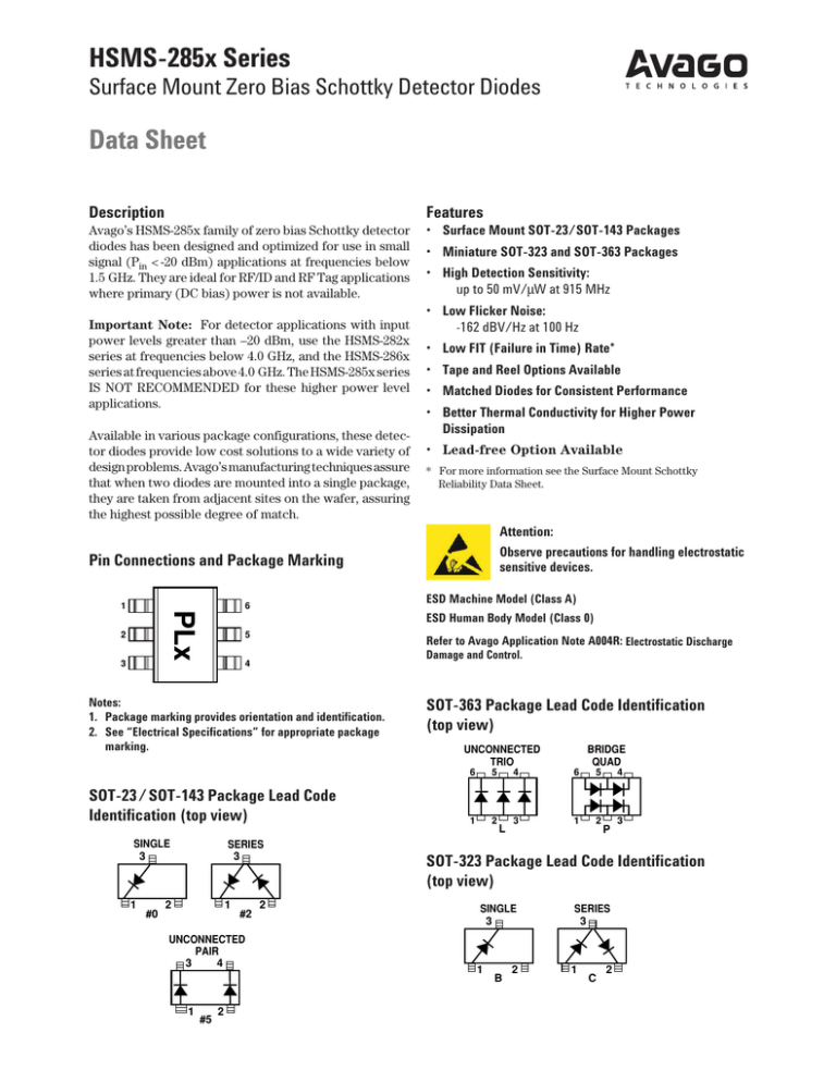 HSMS-285x Series Data Sheet Surface Mount Zero Bias Schottky Detector Diodes Description HSMS-285x Series Data Sheet Surface Mount Zero Bias Schottky Detector Diodes Description