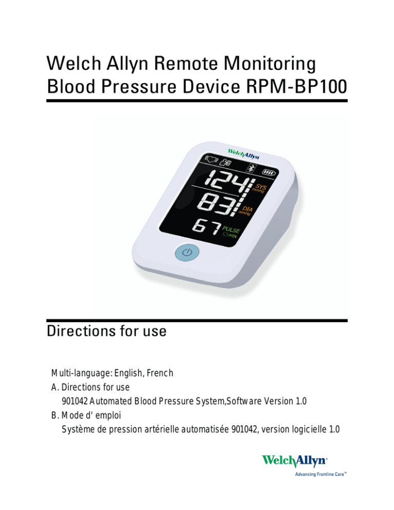 Welch Allyn Remote Monitoring Blood Pressure Device RPM Welch Allyn Remote Monitoring Blood Pressure Device RPM
