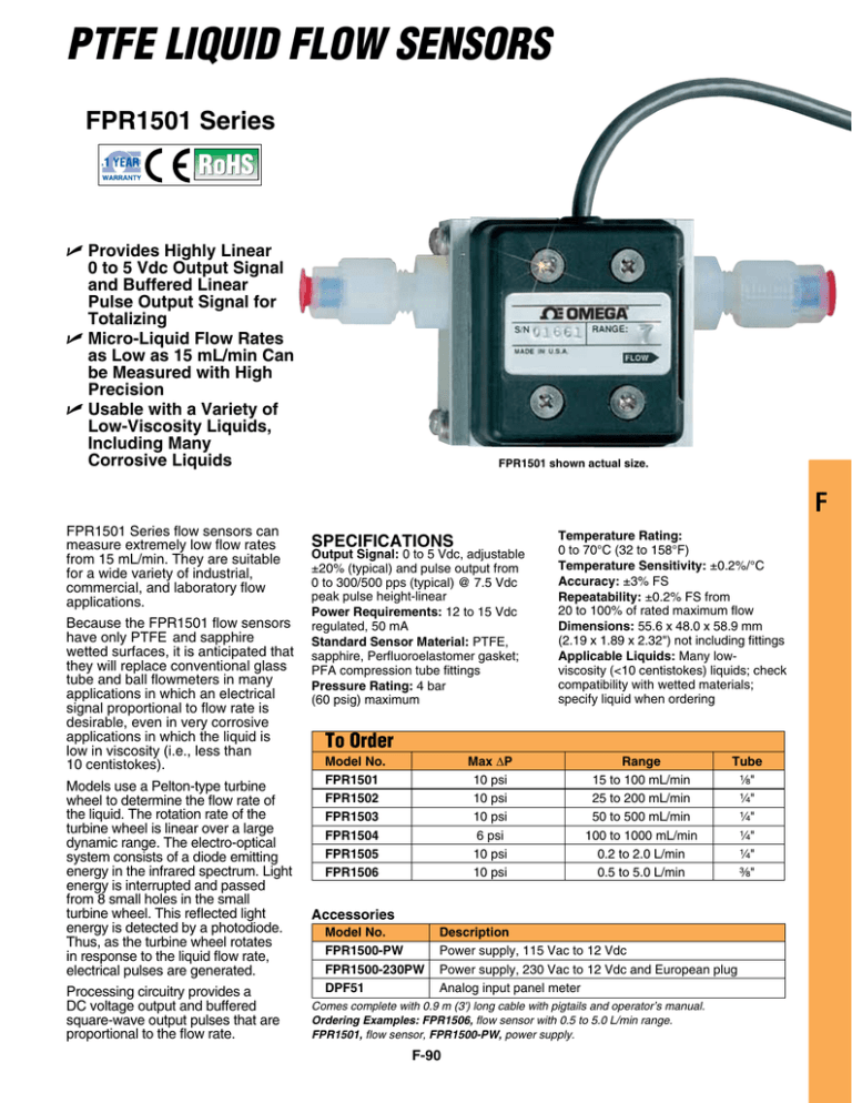 PTFE Liquid FLow SEnSorS FPR1501 Series PTFE Liquid FLow SEnSorS FPR1501 Series