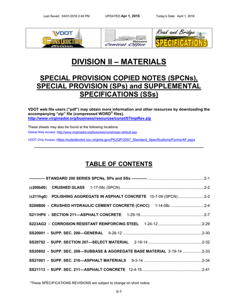 – MATERIALS DIVISION II SPECIAL PROVISION COPIED NOTES (SPCNs), – MATERIALS DIVISION II SPECIAL PROVISION COPIED NOTES (SPCNs),