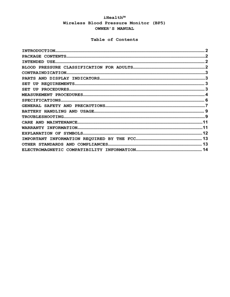 iHealth™ Wireless Blood Pressure Monitor (BP5) OWNER’S MANUAL Table of Contents iHealth™ Wireless Blood Pressure Monitor (BP5) OWNER’S MANUAL Table of Contents