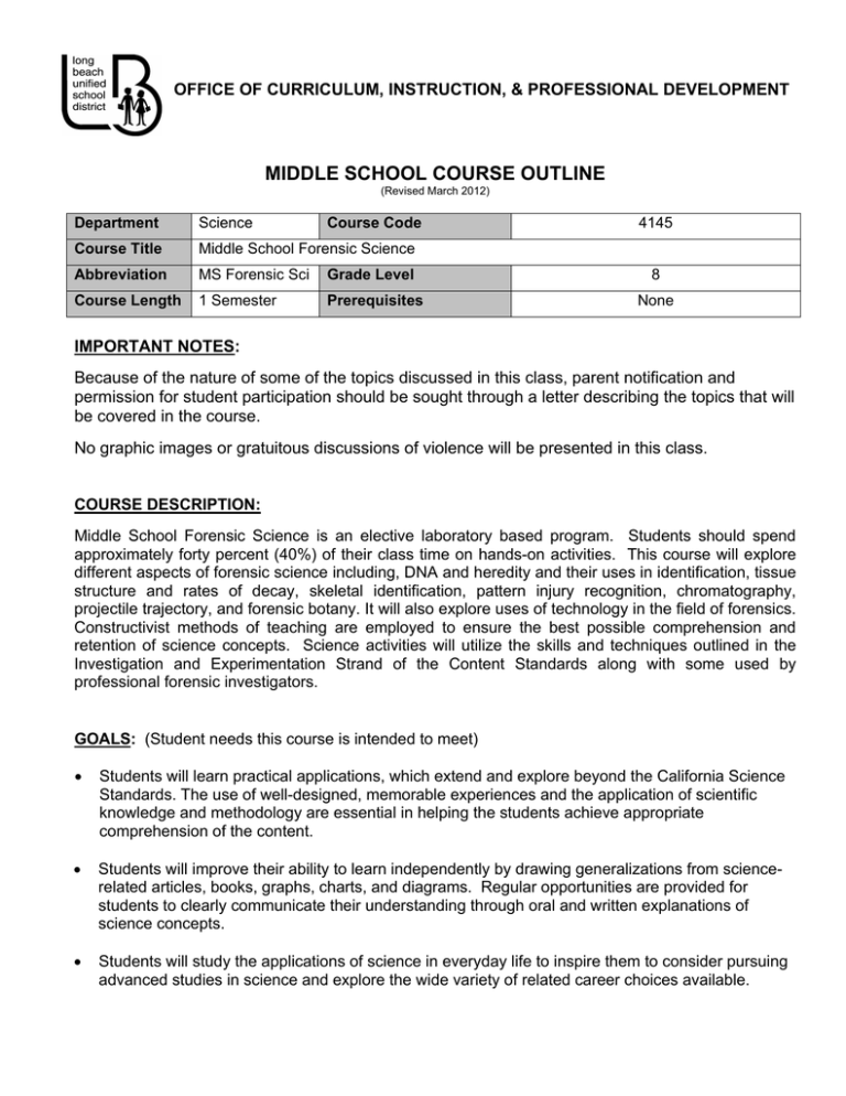 MIDDLE SCHOOL COURSE OUTLINE MIDDLE SCHOOL COURSE OUTLINE