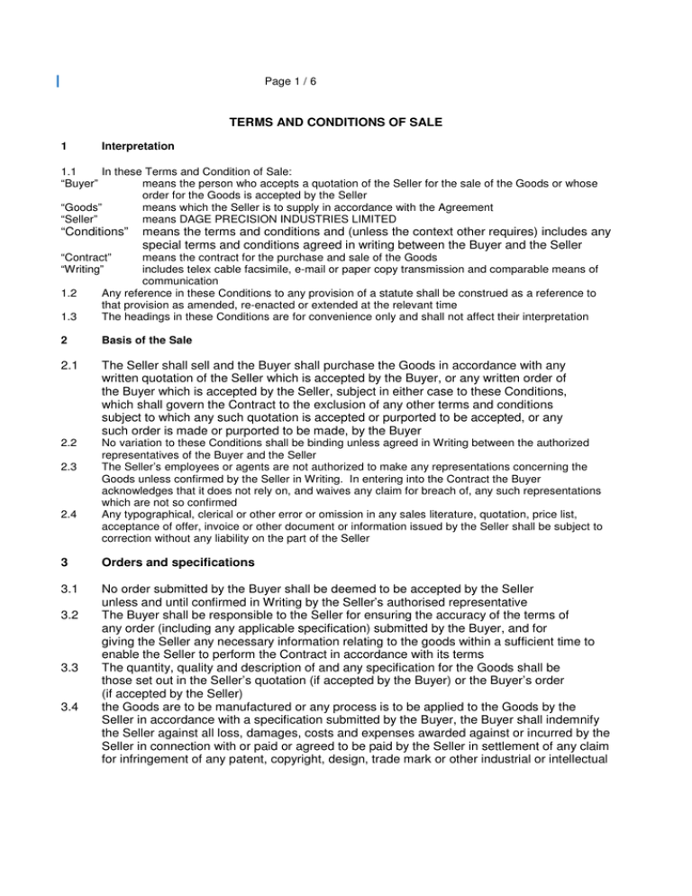 TERMS AND CONDITIONS OF SALE TERMS AND CONDITIONS OF SALE