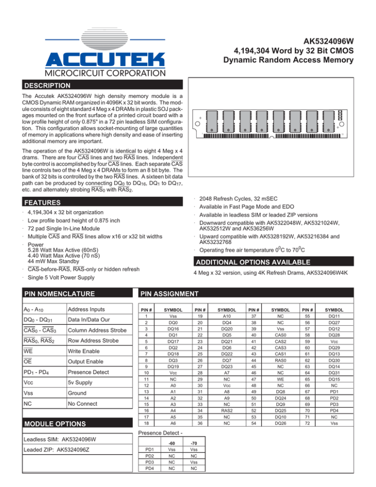Download datasheet for AK5324096W by Accutek Microcircuit Corporation Download datasheet for AK5324096W by Accutek Microcircuit Corporation