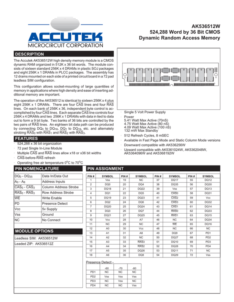 Download datasheet for AK536512W by Accutek Microcircuit Corporation Download datasheet for AK536512W by Accutek Microcircuit Corporation