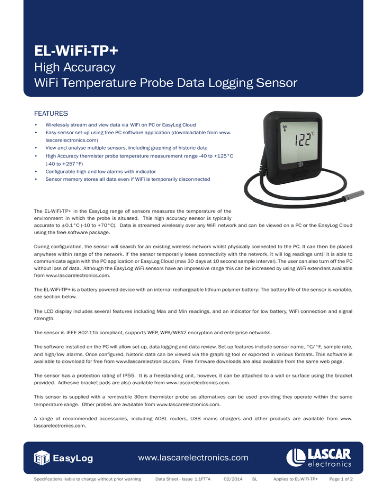 Download datasheet for EL-WiFi-TP+ by Lascar Electronics Download datasheet for EL-WiFi-TP+ by Lascar Electronics