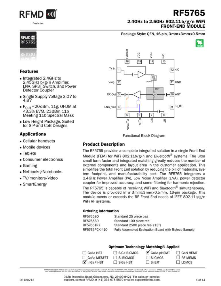 Download datasheet for RF5765SR by RF Micro Devices, Inc. Download datasheet for RF5765SR by RF Micro Devices, Inc.