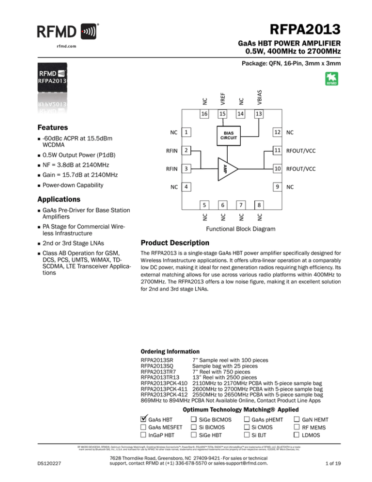 Download datasheet for RFPA2013SQ by RF Micro Devices, Inc. Download datasheet for RFPA2013SQ by RF Micro Devices, Inc.
