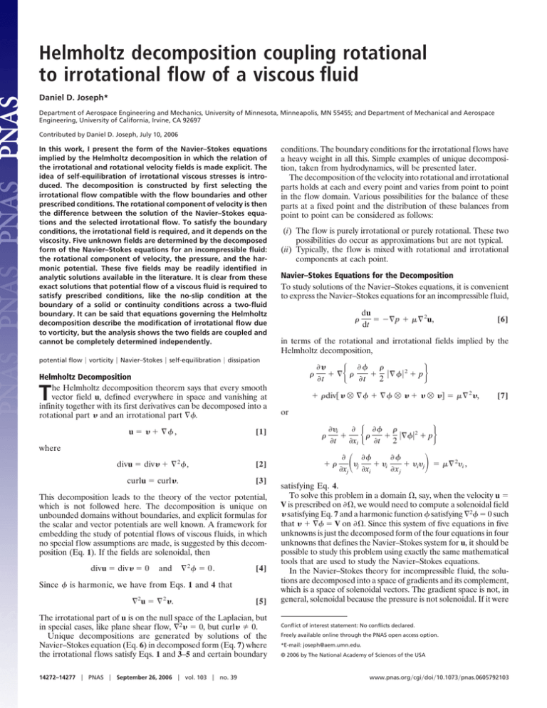 Joseph - Helmholtz decomposition coupling rotational to irrotational flow of a viscous fluid.pdf Joseph - Helmholtz decomposition coupling rotational to irrotational flow of a viscous fluid.pdf